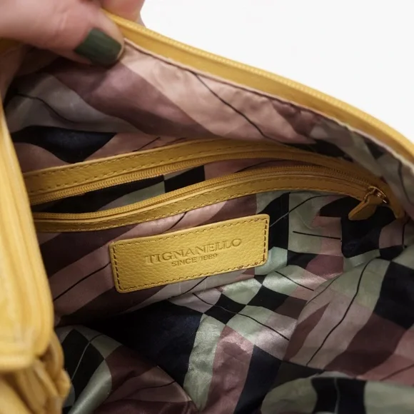 Tignanello Yellow Pebbled Leather Hobo Shoulder Bag w/ Zipper Pockets - Picture 3 of 4